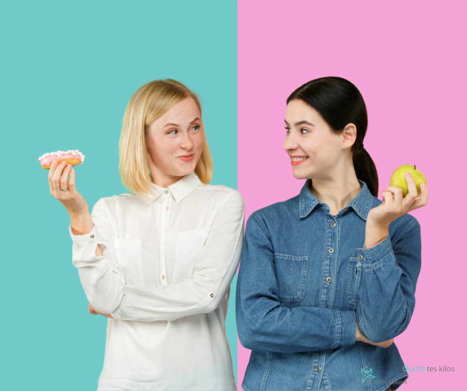 deux femmes qui se regardent une mange un donut une autre mange une pomme